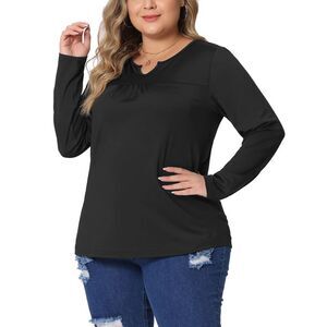 Plus Size Blouse Long Sleeve T-Shirt Notched Neck Loose Casual Top Black
